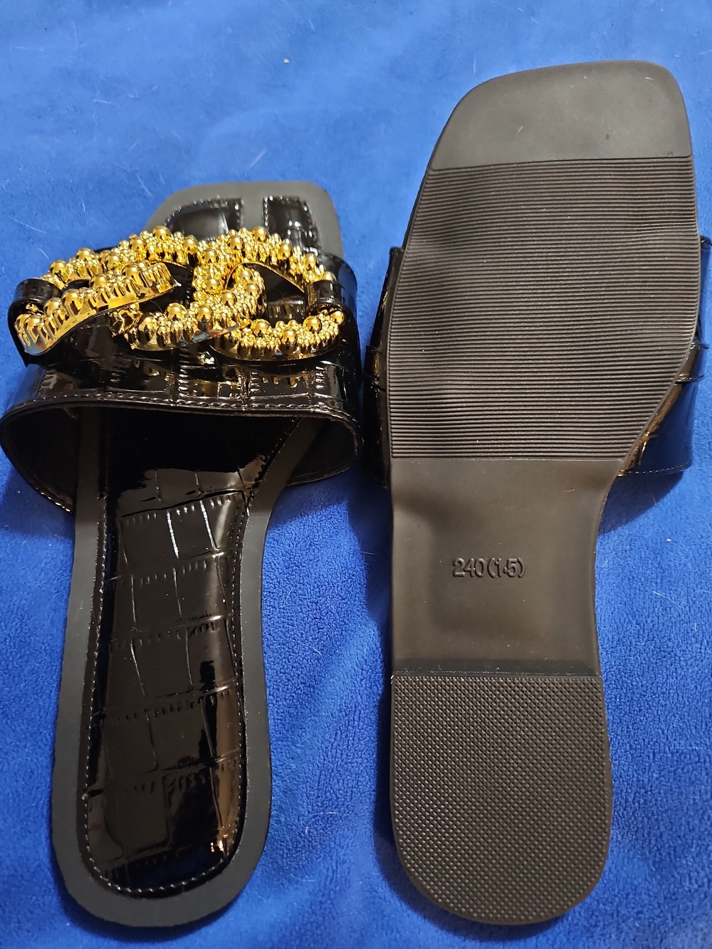 Black Patent Slide Sandals with Gold Chain Accent